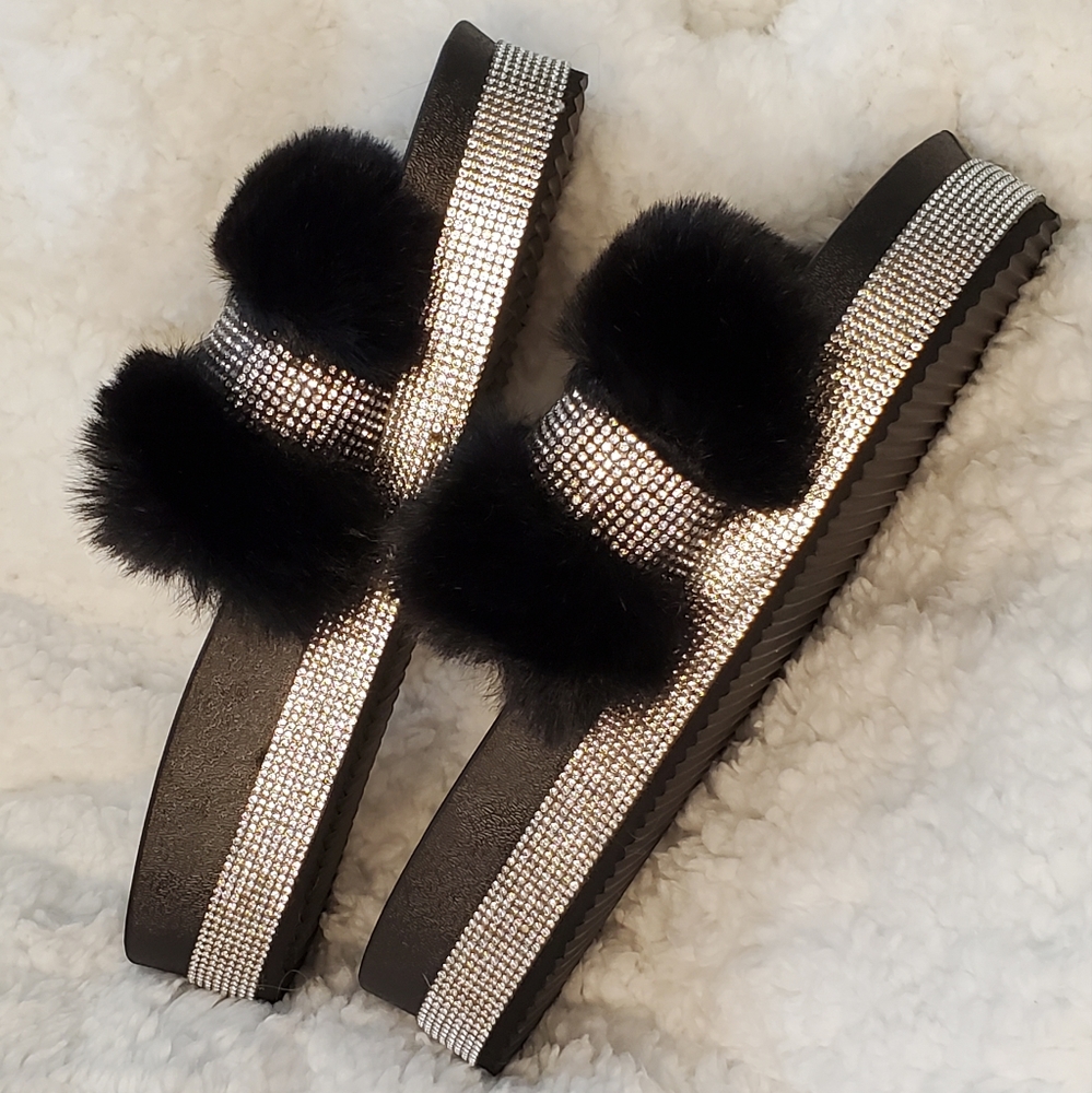 Black Furry and Silver Bedazzled Slippers - Picture 7 of 11